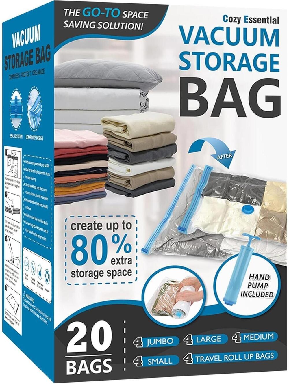 20 Pack Vacuum Storage Bags, Space Saver for Comforters, Clothes, with Pump